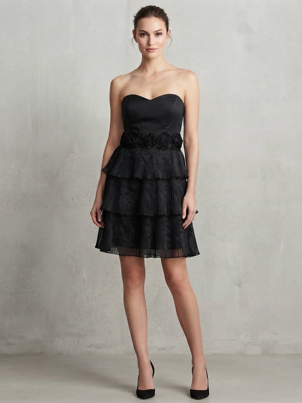 Strapless Black Tiered Cocktail Dress with Floral Waist